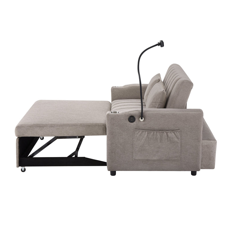 55.9" Convertible Sofa Bed Loveseat Sofa with Three USB Ports, Two Side Pockets, Two Cup Holders and 360Swivel Phone Holder for Living Room, Light Grey