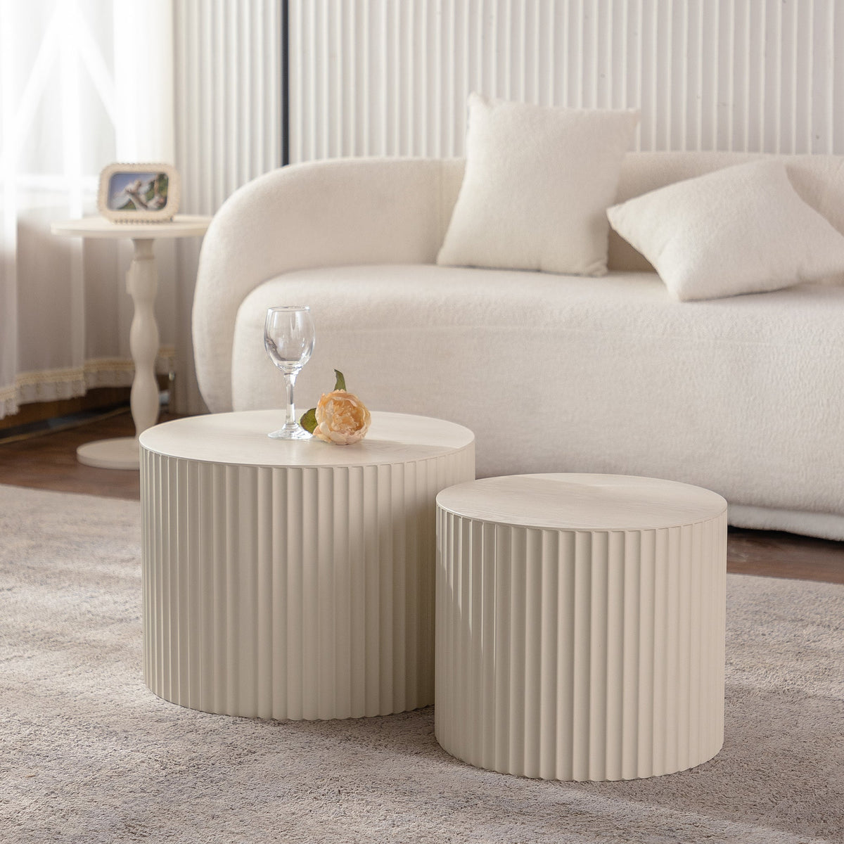Beige Nesting Coffee Table Set of 2 Modern Drum Side Tables, photo 2 of 10