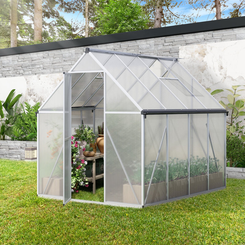 6x8 FT Polycarbonate Greenhouse, Outdoor Walk-in Green House with Vent Window, Hinged Door, Rain Gutter, Heavy-Duty Aluminum Hot House for Backyard Garden
