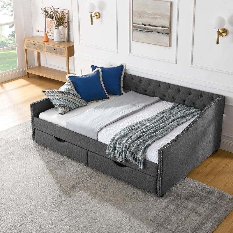 Full Size Daybed with Drawers Upholstered Tufted Sofa Bed, with Button on Back and Copper Nail on Waved Shape Arms(80.5"x55.5"x27.5")