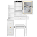 Cabinet Vanity Table & Cushioned Stool, USB Power Station, Hair Dryer Bracket - White