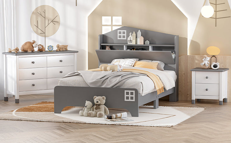 3-Pieces Bedroom Sets Twin Size House Bed with Storage Headboard, Wooden Nightstand and Storage Dresser,Gray