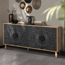 Black Carved Symmetrical Design Door And Wood Coloured Frame TV Stand