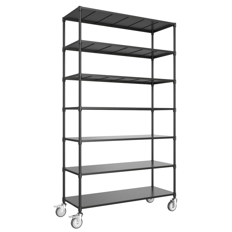 7 Tier Standing Shelf Units, 2800 LBS NSF Height Adjustable Metal Garage Storage Shelves with Wheels, Heavy Duty Storage Rack Metal Shelves - Black - 7T-2800LBS-BLACK