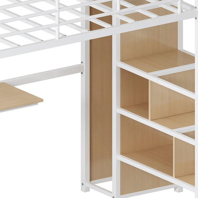 Twin Loft Bed with Desk and Storage Wardrobe, Heavy Duty Loft Bed with Stairs and Metal Grid, Twin Size Loft Bed, No Box Spring Needed, White Loft Bed Twin Size-White