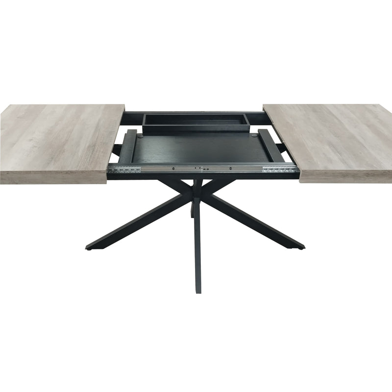 55.11" -70.86"Retro Rectangular Stretch Dining Table, Grey Carole Top With Black Embossed Center Plate, Black Fine Sand Cross Iron Foot Base Dining Table, With Storage Box.