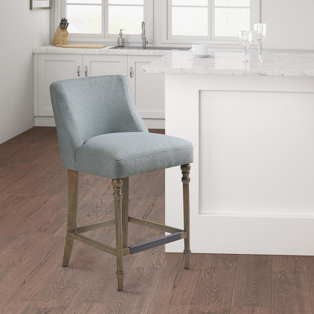 Blue Counter Stool with Upholstered Seat and Solid Wood Frame, photo 9 of 10