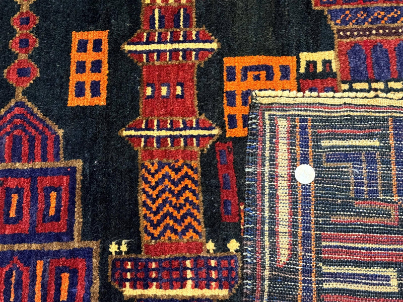 Balouch Rug 3x5, City Pictorial, Afghan Rug