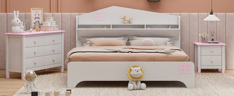 3-Pieces Bedroom Sets Full Size House Bed with Storage Headboard, Wooden Nightstand and Storage Dresser,White