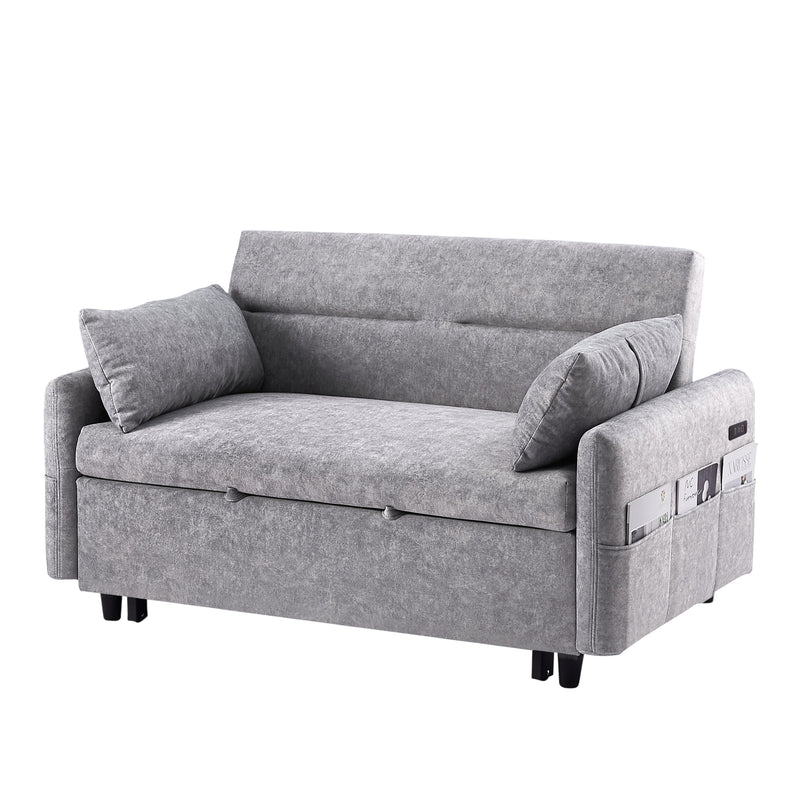 55.1" Pull Out Sleep Sofa Bed Loveseats Sofa Couch with Adjustable Backrest, Storage Pockets, 2 Soft Pillows, USB Ports for Living Room, Bedroom, Apartment, Office,Grey