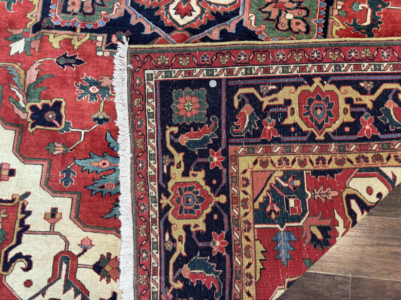 Persian Heriz Serapi Rug 8 x 10.6, Geometric Medallion, Great Colors, Rare, Red Navy Blue Ivory