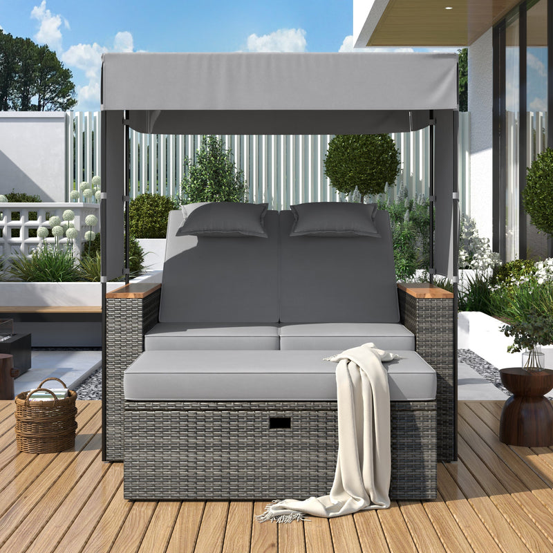 Walker Edison - 2-Piece Rattan Outdoor Patio Bench Lounge Roof Set, Effective UV Protection Fabric & Waterproof Cushions and Adjustable Backrest for Garden, Backyard and Porch (Grey Wicker + Grey Fabric)