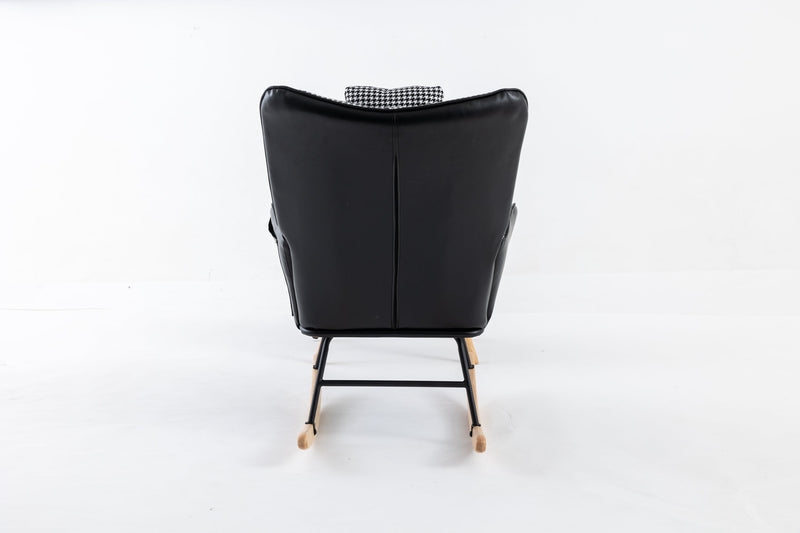 35.5 inch Rocking Chair with Footrest, Soft Houndstooth Fabric Leather Fabric Rocking Chair for Nursery, Comfy Wingback Glider Rocker with Safe Solid Wood Base for Living Room Bedroom Balcony (black)
