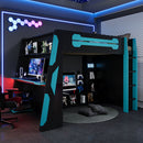 Full Size Wood Loft Bed with Desk, Multi-storage Shelves and RGB Light