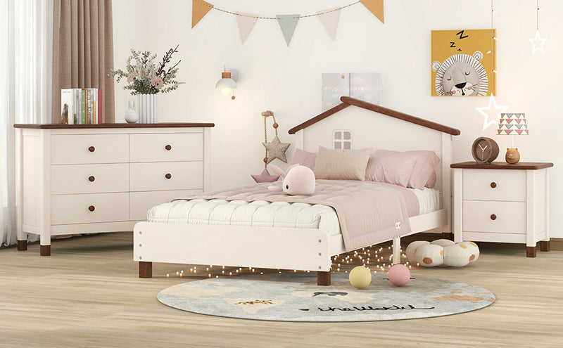 3-Pieces Bedroom Sets Twin Size Platform Bed with Nightstand and Storage dresser, Cream+Walnut