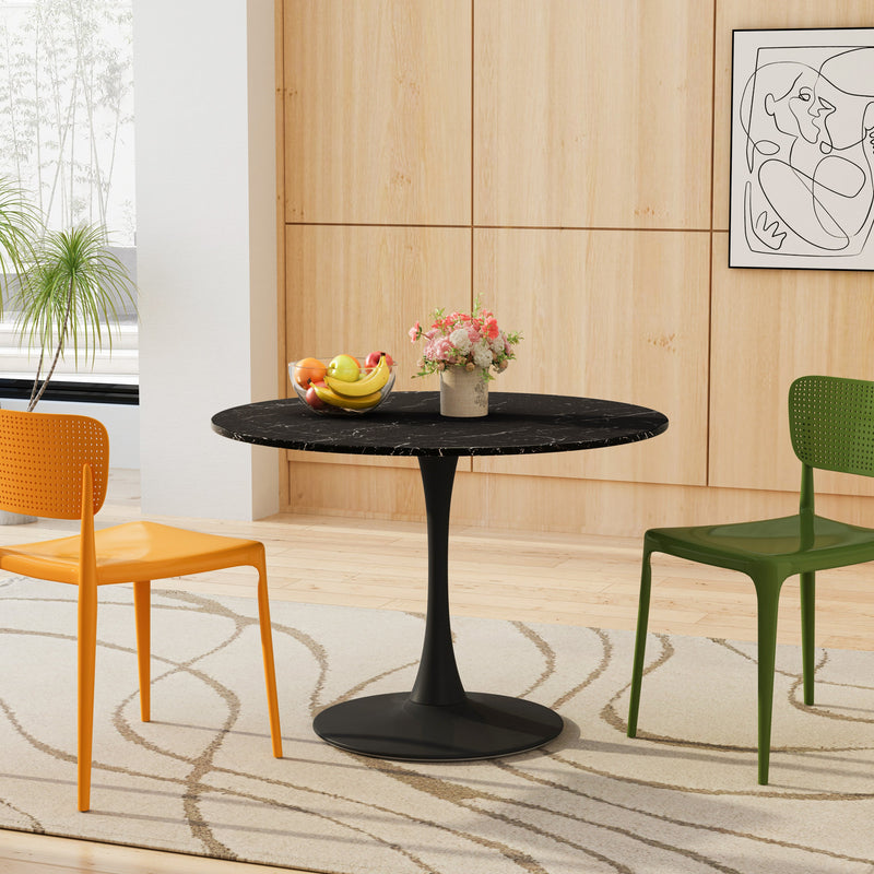 42.12" Modern Round Dining Table with Printed Black Marble Table Top, Metal Base Dining Table, End Table Leisure Coffee Table