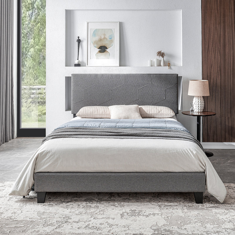 Queen Size Upholstered Platform Bed Frame, Wood Slat Support, Easy Assembly,Grey