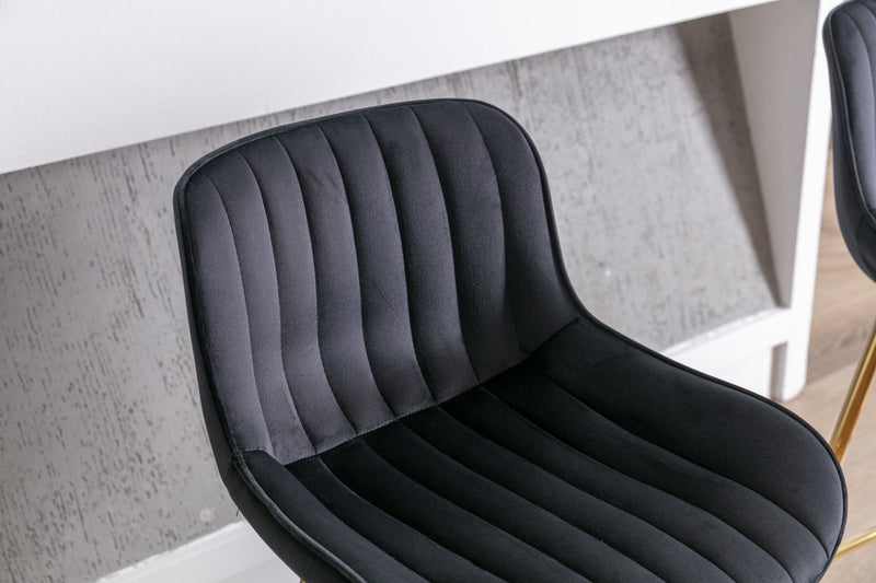 26 Inch Set of 2 Bar Stools, with Chrome Footrest Velvet Fabric Counter Stool Golden Leg Simple Bar Stool, BLACK