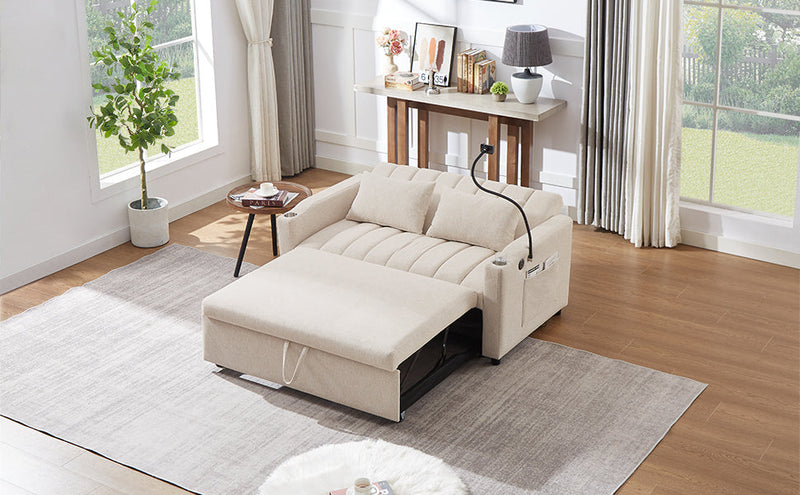 55.9" Convertible Sofa Bed Loveseat Sofa with Three USB Ports, Two Side Pockets, Two Cup Holders and 360Swivel Phone Holder for Living Room, Beige