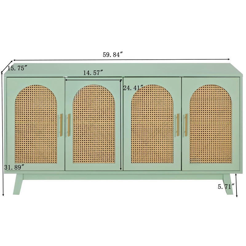 59.84"Modern 4-Door Cabinet with Rattan Decorative Doors,for Bedroom,Living Room,Office,Easy Assembly, Mint Green