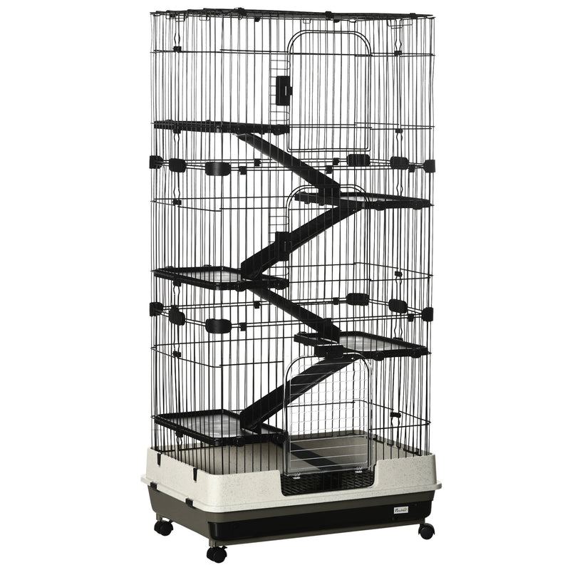60" Small Animal Cage with Wheels, 6-Level Portable Bunny Cage, Chinchilla Ferret Cage with Removable Tray, Platforms and Ramps, Black