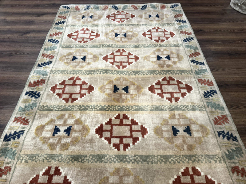 Geometric Design Area Rug 5x8, Beige and Rust Red