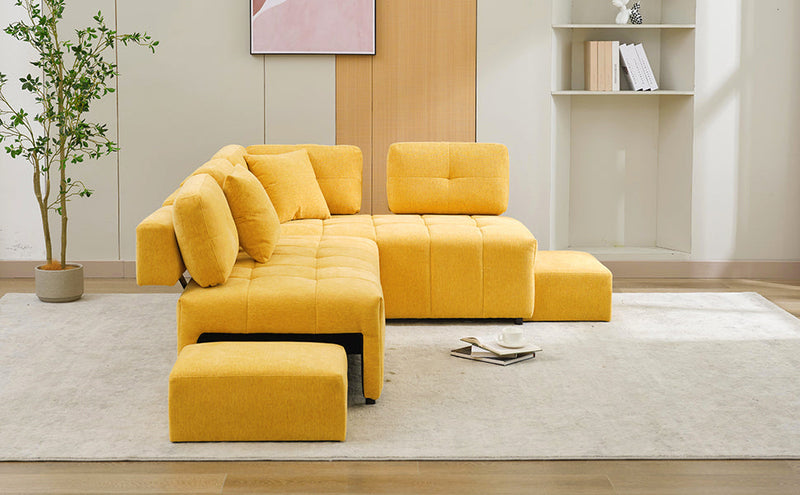 91.73" L-shaped Sofa Sectional Sofa Couch with 2 Stools and 2 Lumbar Pillows for Living Room, Yellow