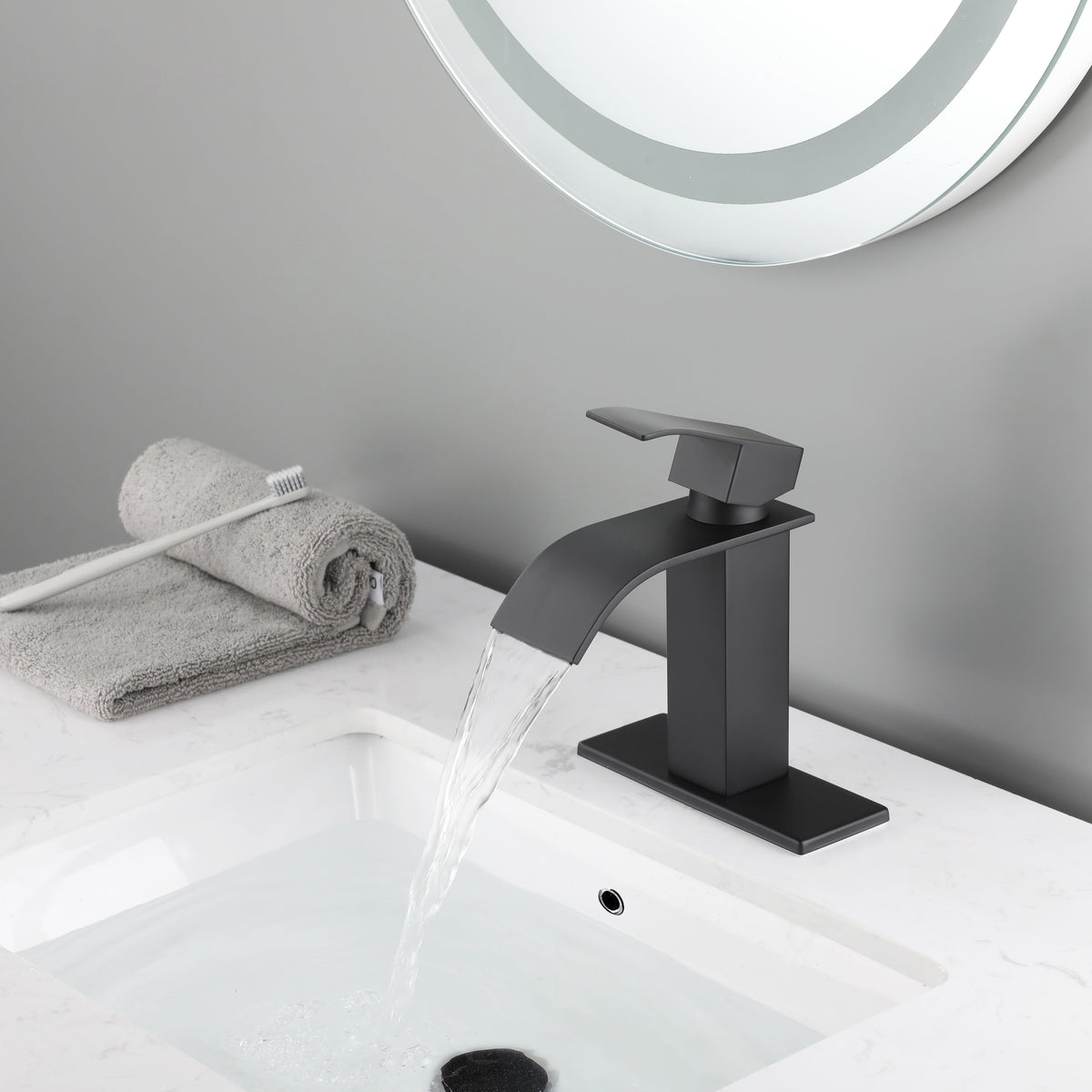 Waterfall Spout Bathroom Sink Single Handle Faucet with Pop-Up Drain, photo 2 of 10