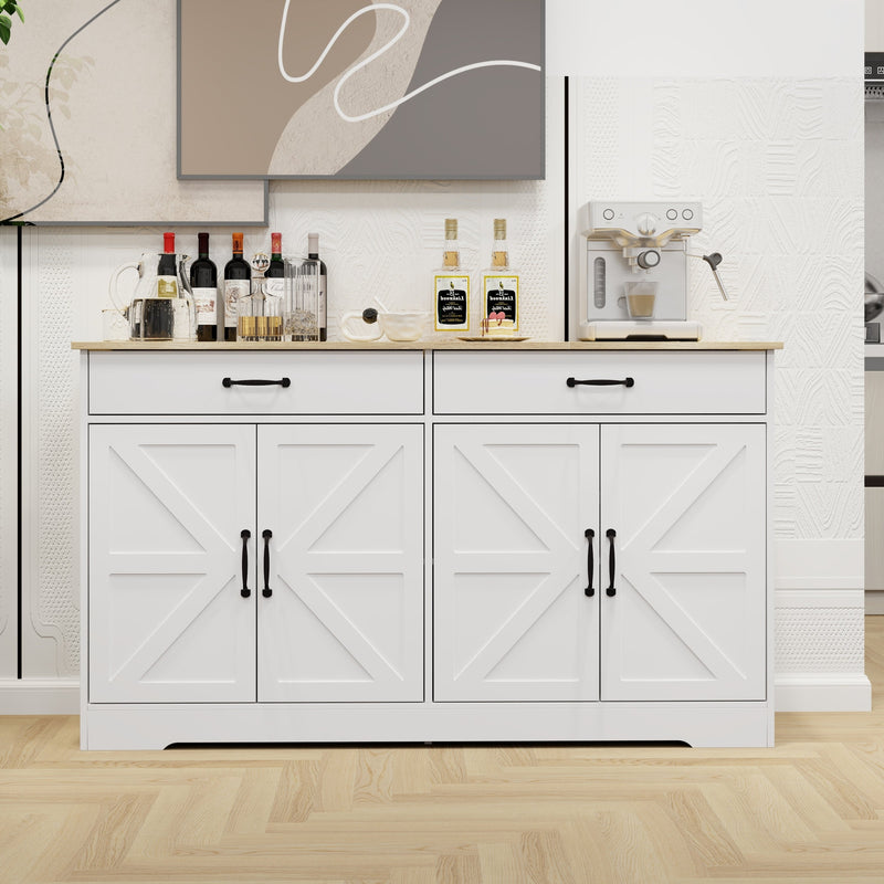 55.91" Large Farmhouse Buffet Cabinet Storage Sideboard with 2 Drawers and 4 Doors for Dining Living Room Kitchen Cupboard-White