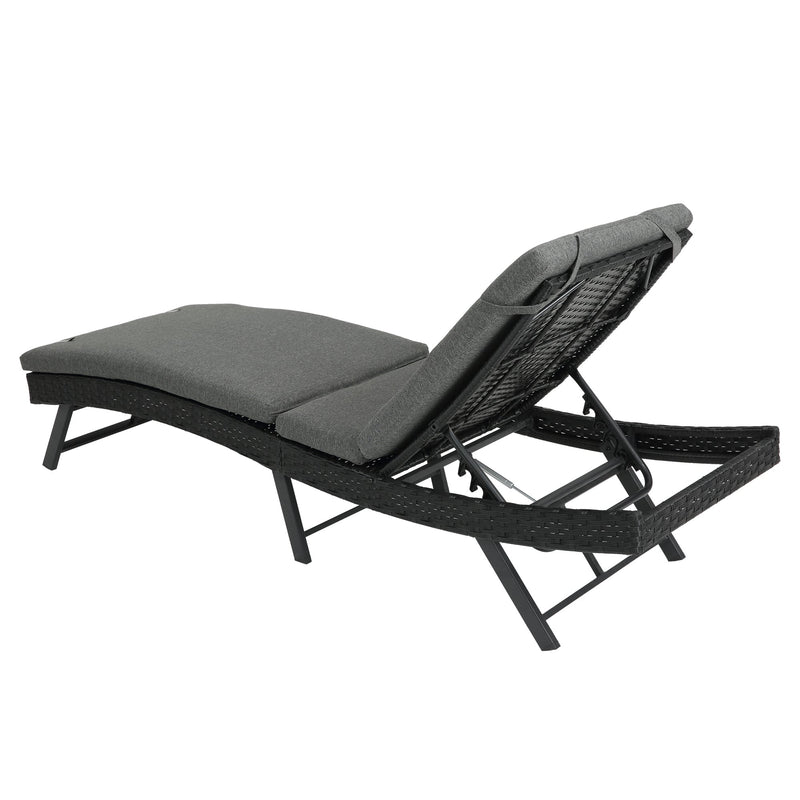 Walker Edison - Steel folding Lounge Sets Outdoor Rattan Adjustable Back 3 Pieces Cushioned Patio Folding Chaise Lounge with Folding Table (Gray)