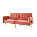 78" Italian Velvet Futon Sofa Bed, Convertible Sleeper Loveseat Couch with Folded Armrests and Storage Bags for Living Room and Small Space, Pink 280g velvet