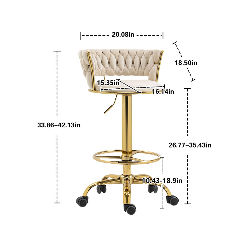 360 Adjustable Barstools Set of 2, Ergonomic Drafting Chair with Round Footrest and Backrest, Swivel Rolling Wheels for Spa, Studio, Classroom, Lab, Counter, Salon, Ivory