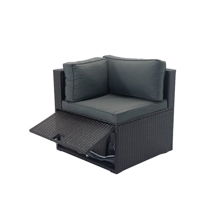 6 Pieces PE Rattan sectional Outdoor Furniture Cushioned Sofa Set with 3 Storage Under Seat Black Wicker + Dark Grey Cushion