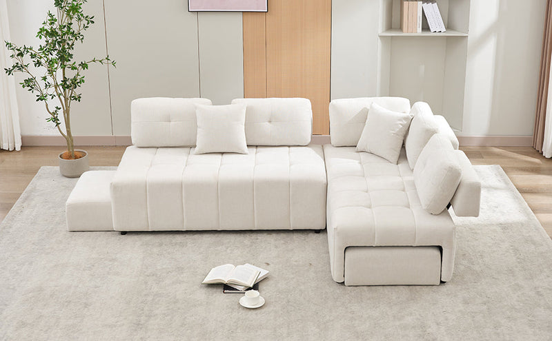 91.73" L-shaped Sofa Sectional Sofa Couch with 2 Stools and 2 Lumbar Pillows for Living Room, Biege