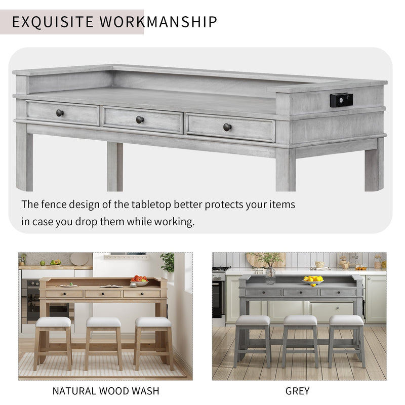 4-piece Dining Bar Table Set with 3 Upholstered Stools, Multifunctional Dining Table with 3 Drawers (Gray)