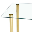 A modern minimalist style glass dining table. Transparent tempered glass tabletop with a thickness of 0.3 feet and golden metal legs. Suitable for restaurants and living rooms. 51"x31.4"x29.5"