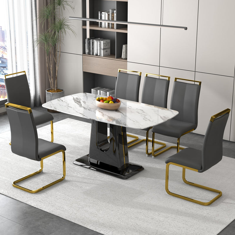 A modern, minimalist, and luxurious dining table with a white imitation marble tabletop and MDF legs with U-shaped brackets. Tables in restaurants and living rooms 63"x35.4"x30 F-U