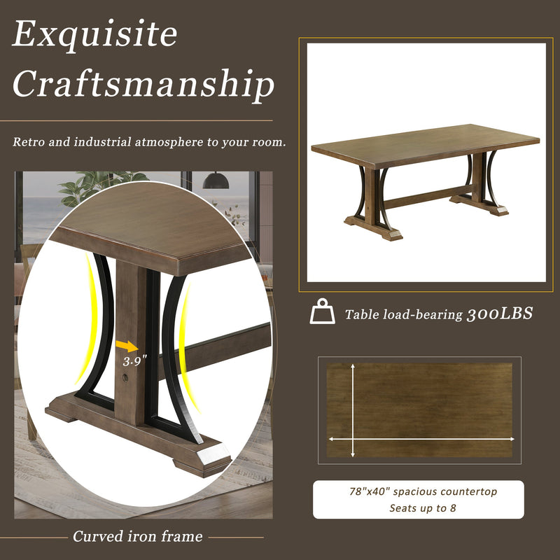 9-Piece Retro Style Dining Table Set 78" Wood Rectangular Table and 8 Dining Chairs for Dining Room (Natural Walnut)