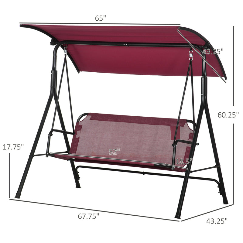 3-Person Porch Swing Bench with Stand & Adjustable Canopy, Armrests, Steel Frame for Outdoor, Garden, Patio, Porch & Poolside, Wine Red