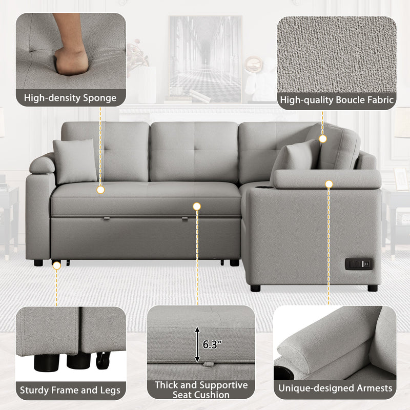 87.4" L-shape Sofa Bed Pull-out Sleeper Sofa with Wheels, USB Ports, Power Sockets for Living Room, Grey