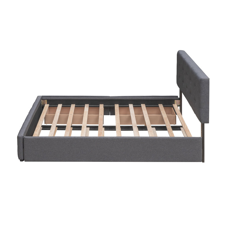 Upholstered Platform Bed with 2 Drawers and 1 Twin XL Trundle, Linen Fabric, Queen Size - Dark Gray
