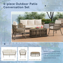 4-Piece Rattan Outdoor Patio Conversation Set with Seating Set for 5 and Coffee Table for Porch, Backyard and Garden (Brown Grey)
