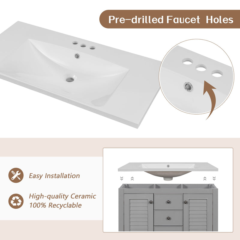 36" Bathroom Vanity with Ceramic Basin, Two Cabinets and Drawers, Open Shelf, Solid Wood Frame, Grey