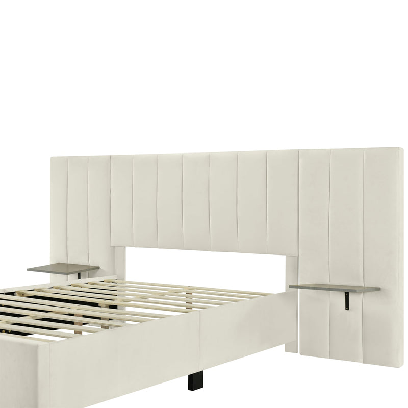 Walker Edison - Full Size Upholstered Platform Bed with Big Headboard, Bedroom Furniture, Velvet, Beige