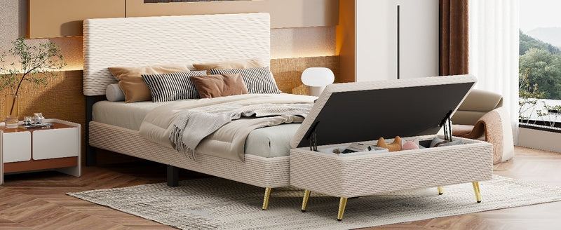 2 Pieces Bedroom Sets Queen Size Upholstered Bed Frame, Modern Corduroy Storage Ottoman,Beige