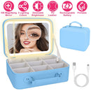 Travel Makeup Bag With 3 Light Colors Dimmable Brightness LED Mirror Detachable 10X Magnifying Mirror Adjustable Dividers Portable Waterproof Cosmetic