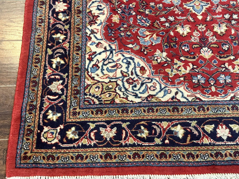 Persian Sarouk Rug 4x7, Red Navy Blue Vintage Wool Medallion Carpet