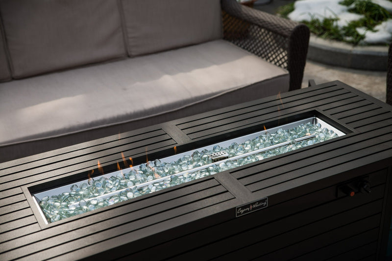 57in Outdoor Gas Propane Fire Pits Table, Aluminum, 50000BTU Firepit Fireplace Dining Table with Lid, Fire Glass, Retangular, ETL Certification, for Garden Backyard Deck Patio-Mocha