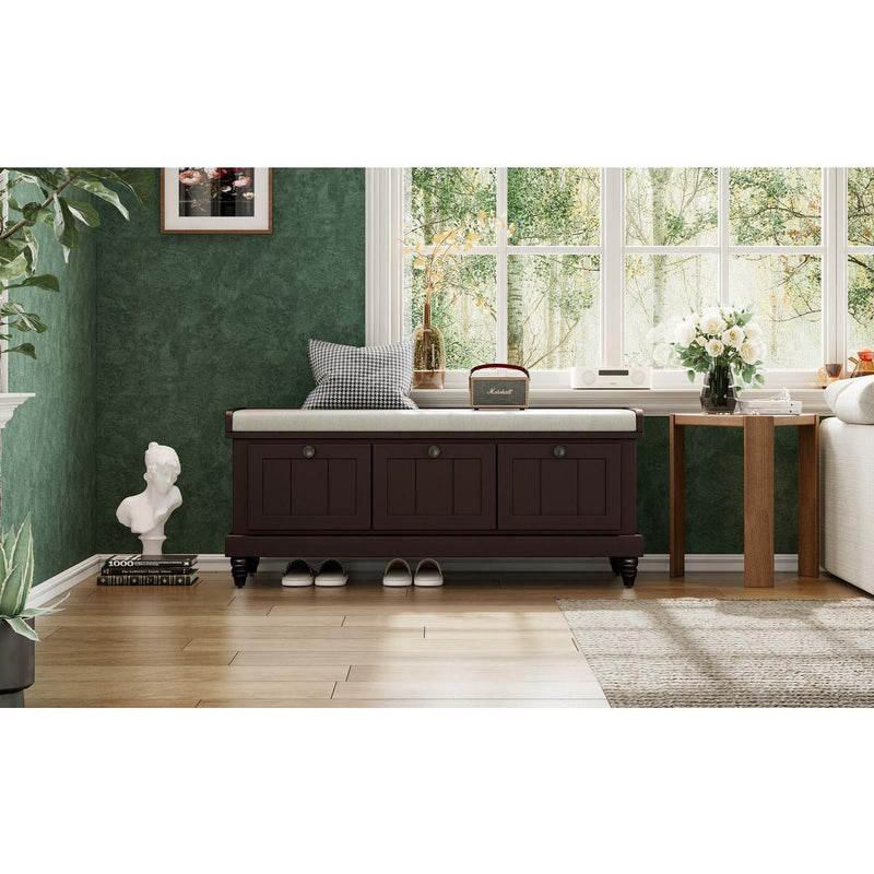 TREXM Classic Shoe Bench with Cushion and Three Drawers, Fluted Entryway Bench with Storage for Living Room, Entryway, and Hallways (Espresso)