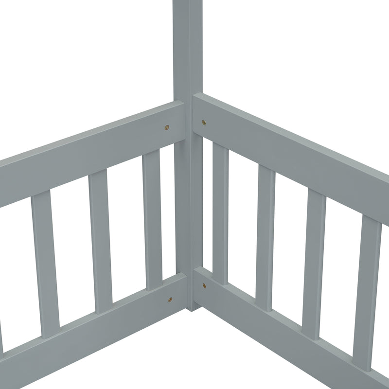Double Twin House-Style Floor Bed with Fence, Guardrails, without door, Grey(Old Sku:W504P143316)